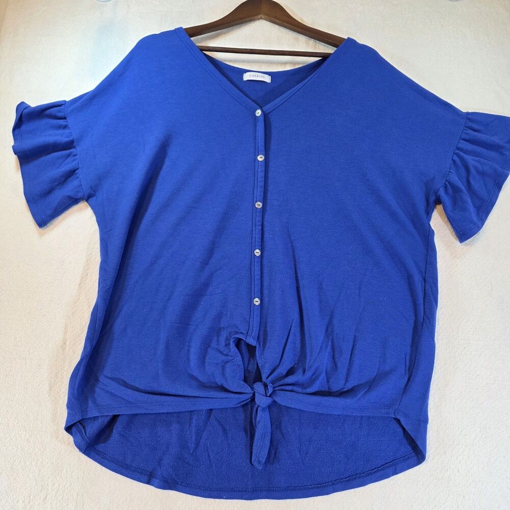 Cherish Blue Ruffle Sleeve With Tie-Front Hem Blouse
